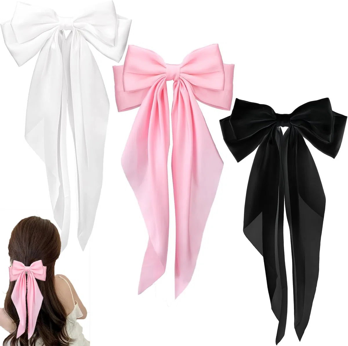 Confezione da 3 clip per capelli con fiocco, fermagli per capelli francesi grandi a forma di arco per donne, ragazze, nero, bianco, rosa