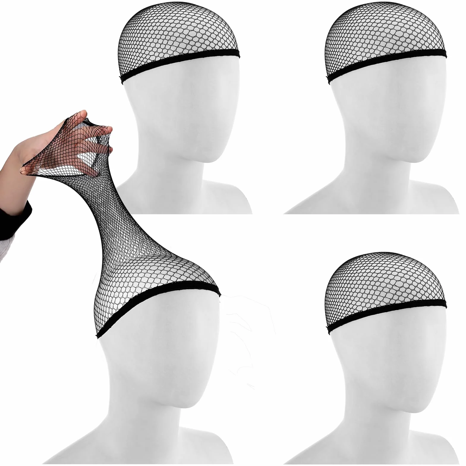 4 cappucci per parrucca, con estremità aperta, in rete nera, per donne e uomini, retina elastica per capelli lunghi, corti, spessi, per Halloween, cosplay