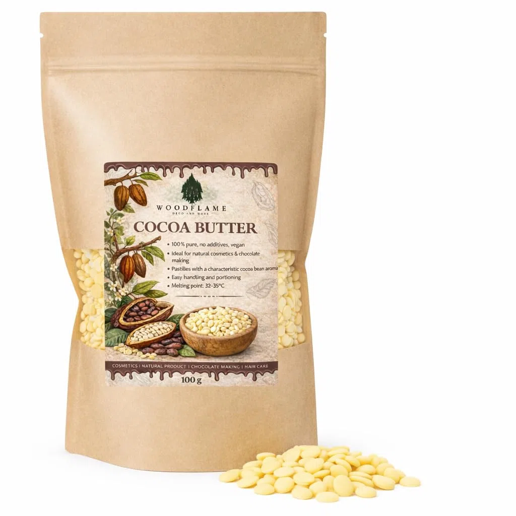 Woodflame Burro di Cacao, Pastiglie, Perfetto per la cosmesi, naturalmente vegano e puro, burro di semi di Theobroma cocoa, qualità alimentare