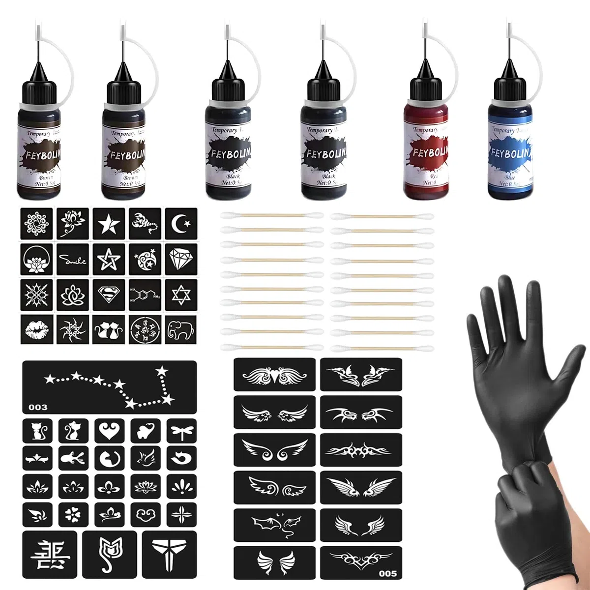 ElevaPulse Set di 6 bottiglie di inchiostro all'henné, set completo di 56 stencil e accessori per tatuaggi temporanei fai da te body art