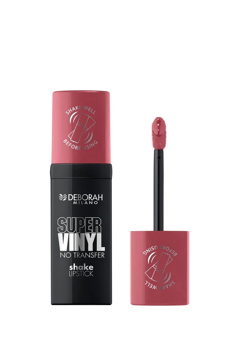 Deborah Milano - Super Vinyl Shake Lipstick Rossetto Liquido Vinilico, N.7 Rosewood, Colore Intenso e No Transfer, Dona Labbra Viniliche e Impeccabili fino a 16 Ore, 4ml