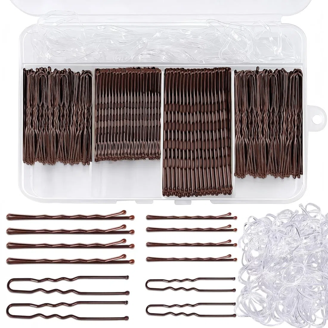 1 set di 300 forcine per capelli e elastici, color marrone, con scatola portaoggetti
