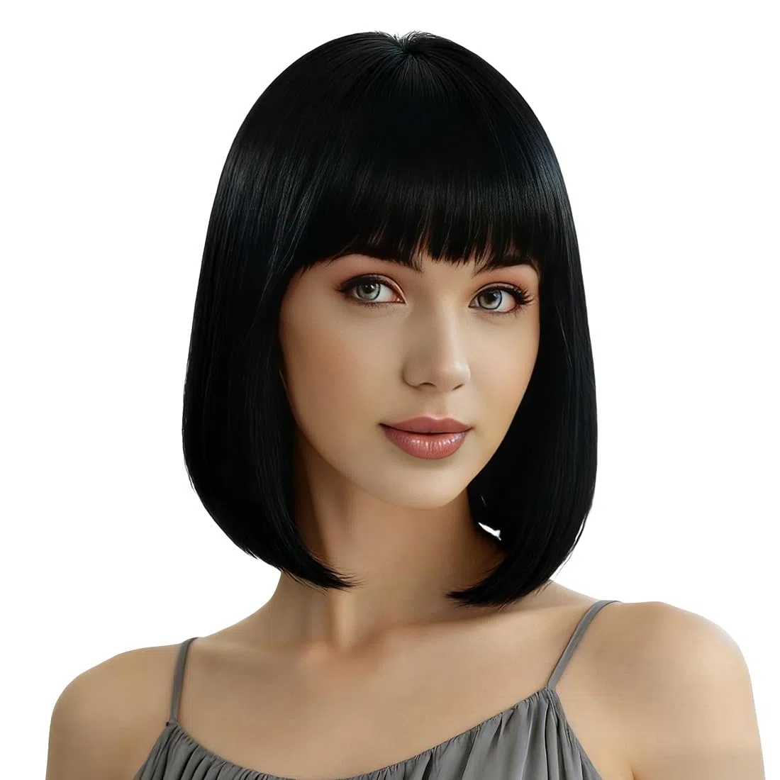 GXGM Parrucca Donna Nera Naturale,Con Frangia Ariosa E Rete Interna Regolabile, Per Halloween, Carnevale, Cosplay