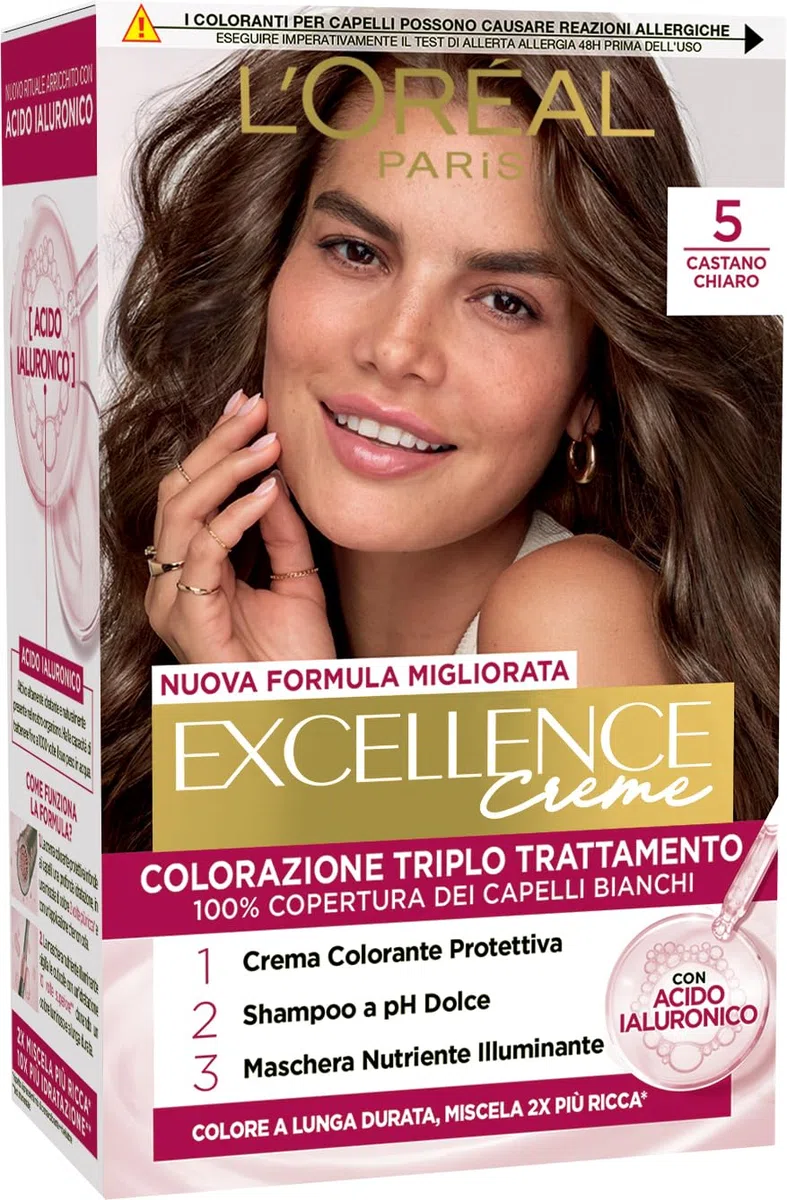 L’Oréal Paris Colorazione Triplo Trattamento Excellence, Con Acido Ialuronico, 100% Copertura Capelli Bianchi, Per Capelli Più Idratati, Castano Chiaro (5)