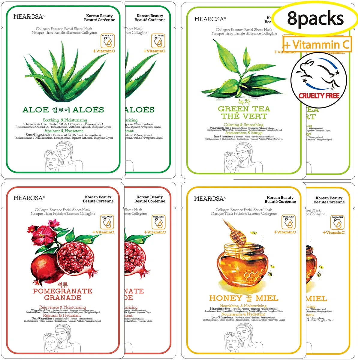 MEAROSA Maschera facciale coreana in fogli Cura della pelle Qualità premium Vitamina C Essenza di Collagene Pelle sensibile (confezione Varietà da 8 fogli)
