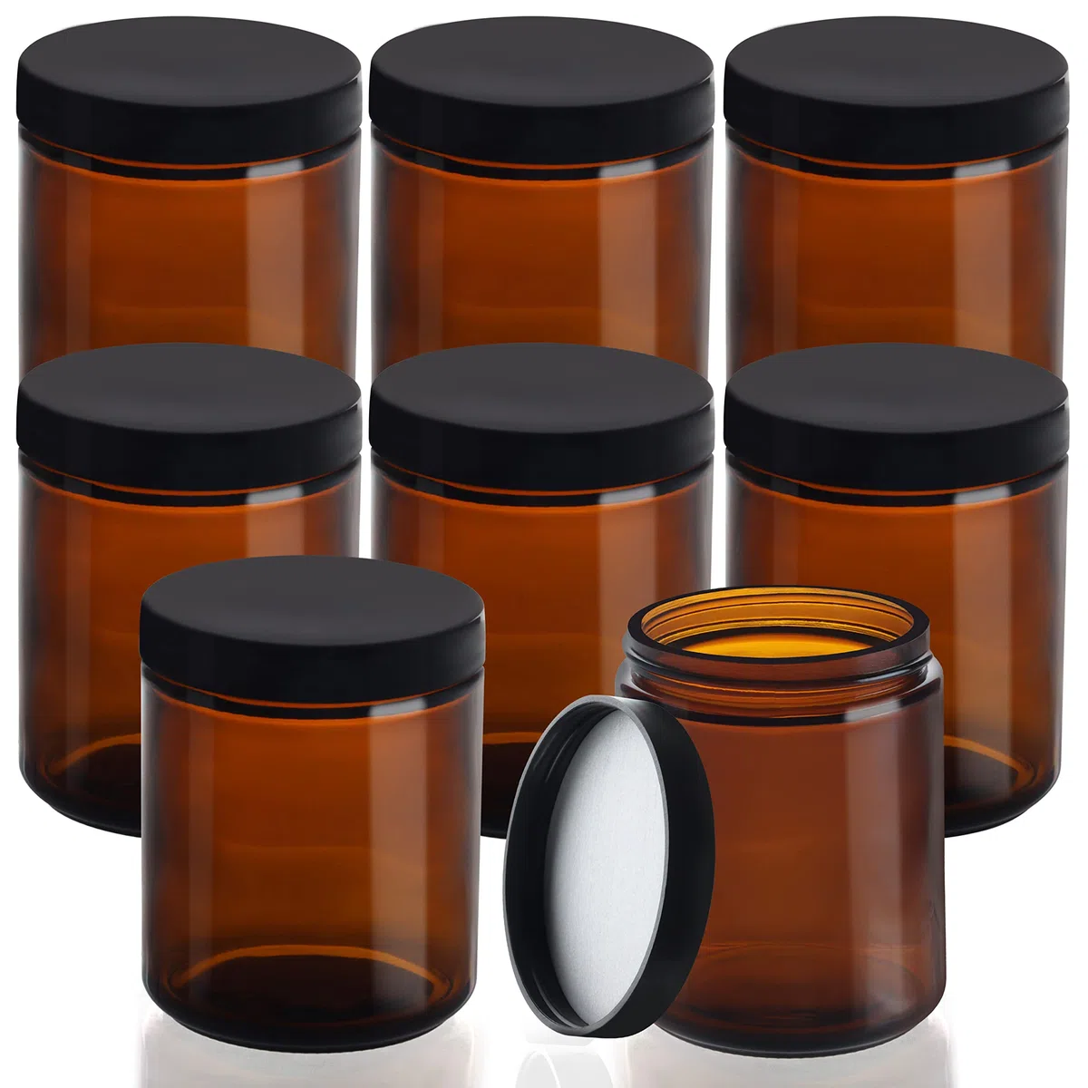 Belle Vous Set 8 Barattolini Vetro Piccoli con Tappo Ambrati - Vasetti da 240 ml con Coperchio a Vite Nero - Per Cosmesi, Creme Trucco, Oli