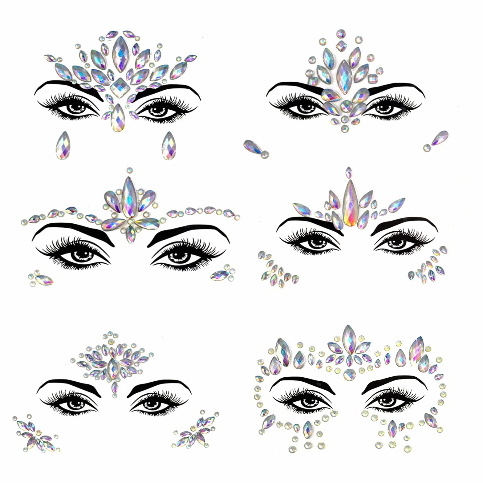 DAWRIS Viso Gemme, 6 Pezzi Adesivi di Cristallo Faccia Gioielli Strass Gemme Festival Glitter Face Gioielli Faccia Adesivi Brillantini Strass Adesivi per Sopracciglia