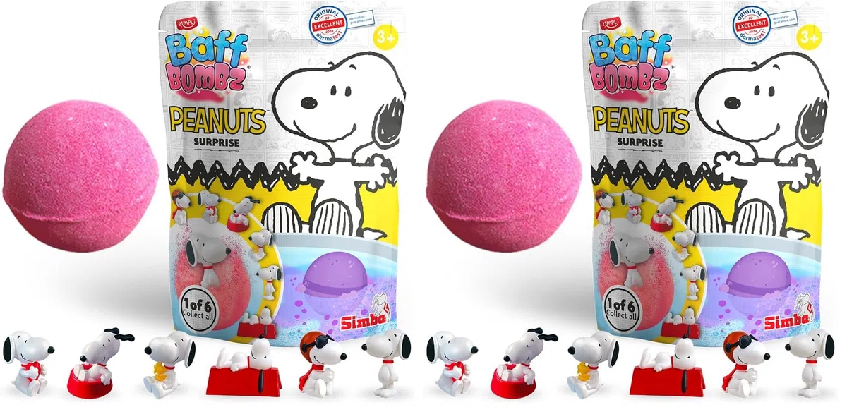 ZIMPLI Grande Bomba da Bagno Surprise Peanuts, 1 dei 6 giocattoli sorpresa di Snoopy da collezionare, Una sorpresa per ogni Baff Bomb, Piccolo Regalo Economico, Figure da Collezione (Confezione da 2)