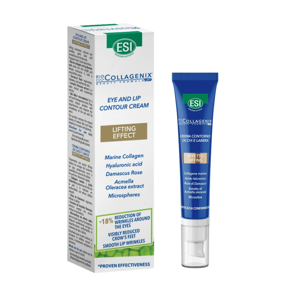 ESI - Biocollagenix Crema Contorno Occhi e Labbra, con Collagene Marino, Acido Ialuronico e Rosa, Leviga e Rimpolpa la Pelle con Effetto Lifting, Dermatologicamente Testato, 15ml