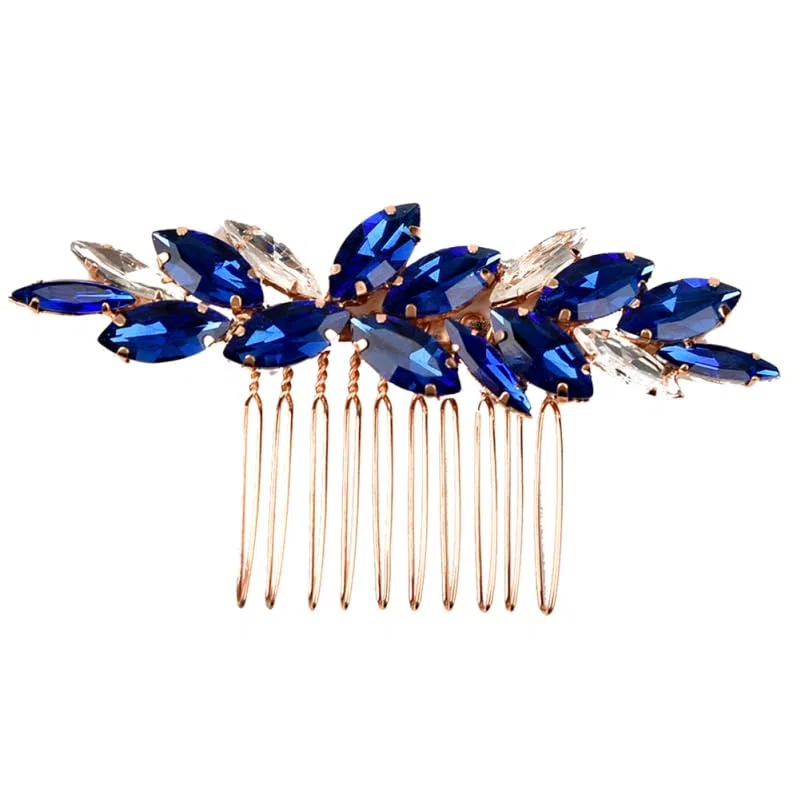 Happyyami Accessorio per capelli con strass, accessorio da sposa, pettine verde, accessorio per capelli per matrimonio, damigella d'onore, blu nubilato, ballo, stile ferrolega, blu