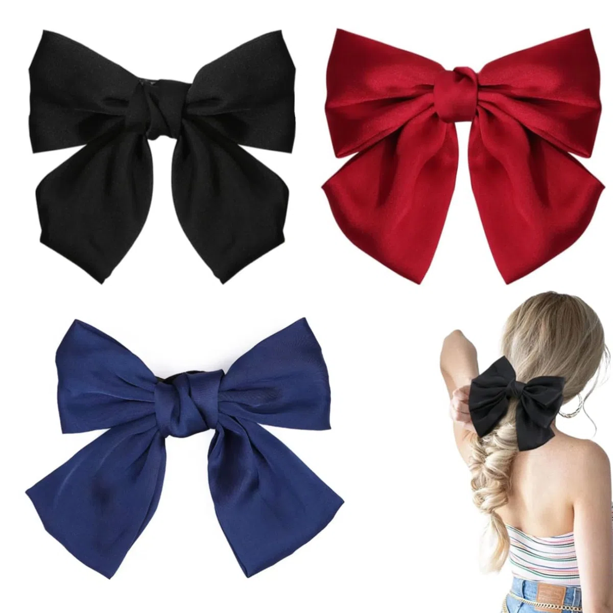 Fiocco per Capelli Grande - 3 Pezzi, Hair Bows Barrettes in Satinato Morbido con Nastro, Clip a Farfalla per Acconciature (Blu Scuro, Nero, Rosso) - Accessorio Elegante per Donne e Ragazze