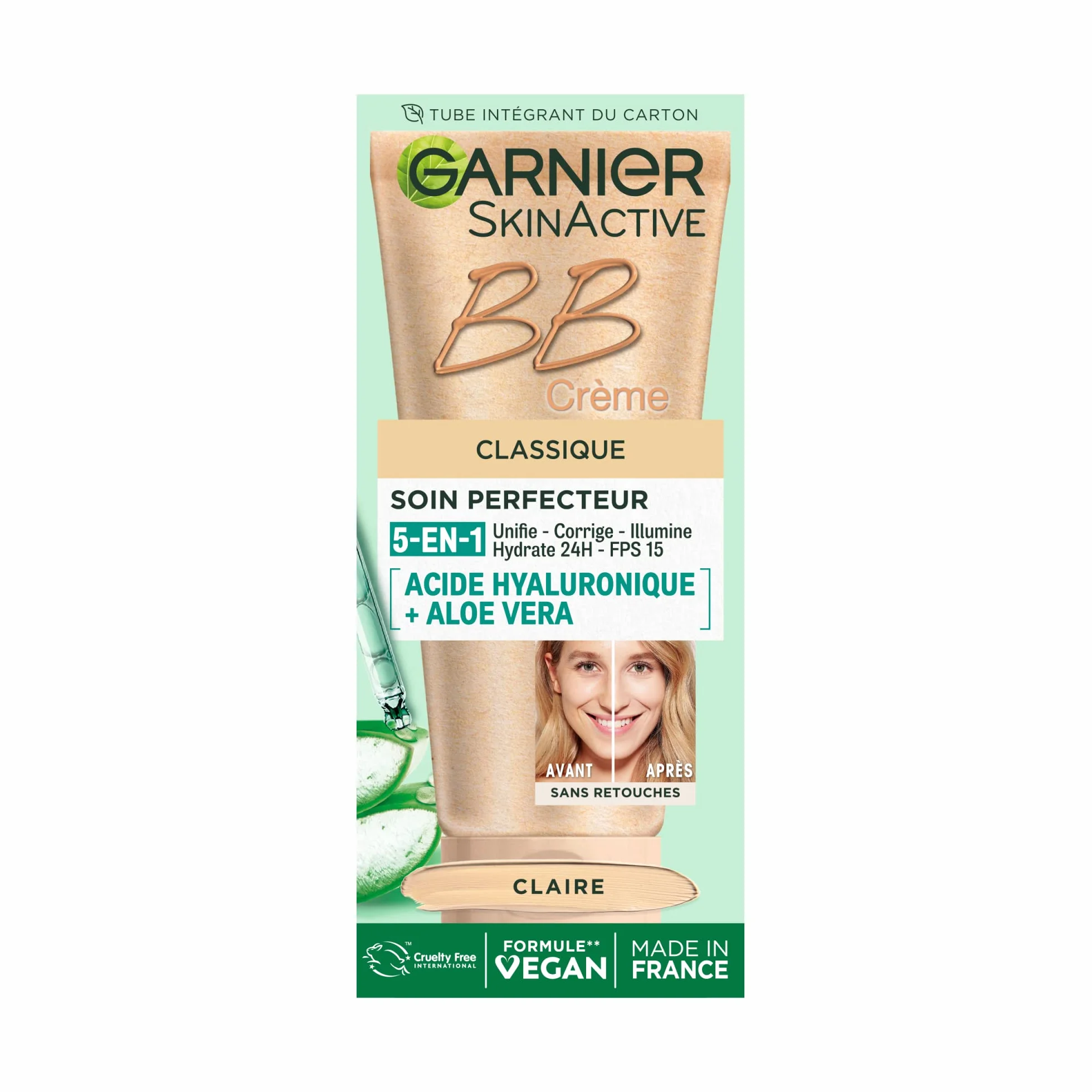 Garnier Skin Active BB Cream - Trattamento perfetto tutto in 1 - Unifie, Matifie & Hydrate - FPS 25 - Acido Ialuronico & Aloe Vera - Vegan & Cruelty Free - Pelle mista grassa - Tinta chiara - 50 ml