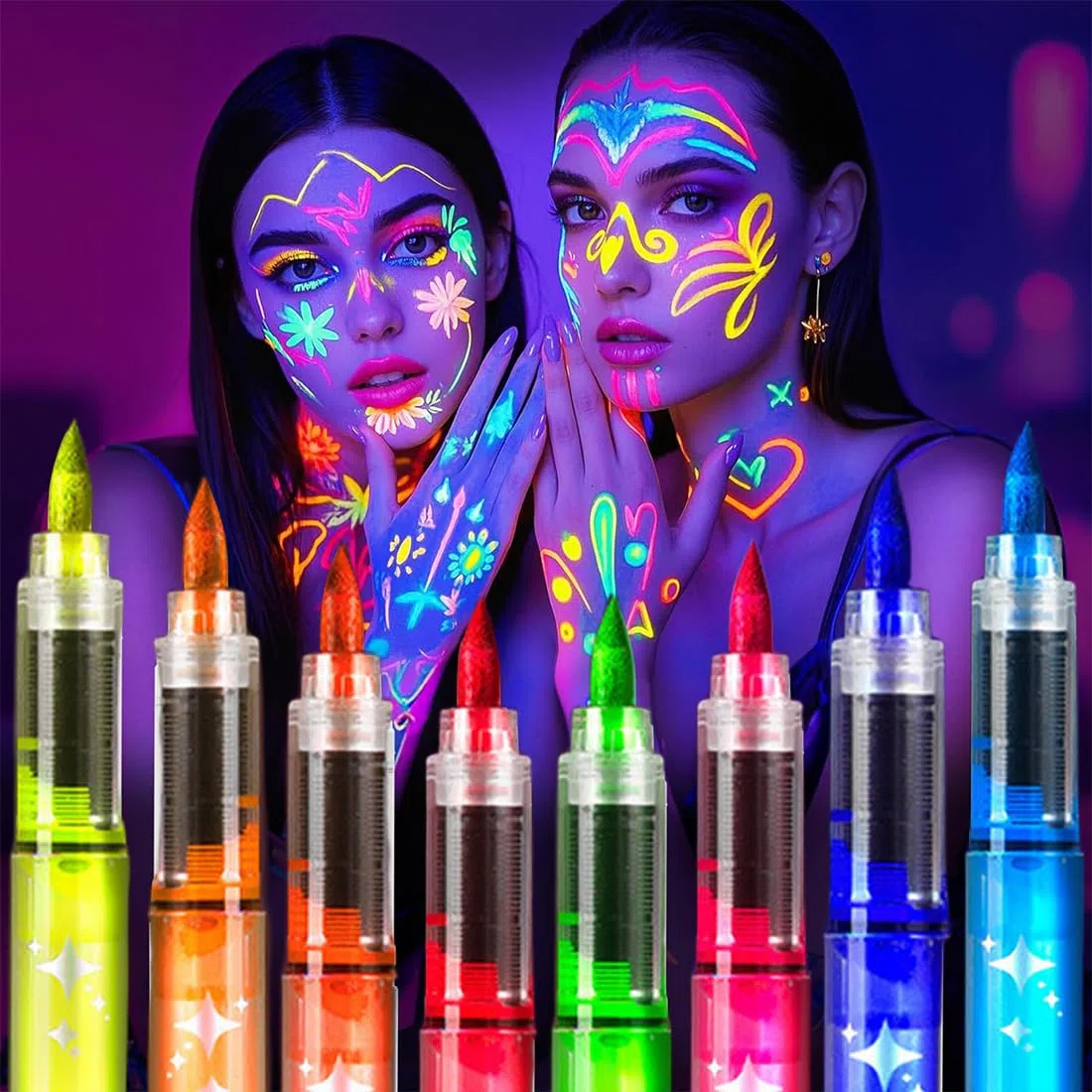 Fluorescenti Matite Trucco per Viso e Corpo, 8 Colori Lavabile UV Fluorescente Colorato Neon Kit, Pittura Corpo Sicuro e Non Tossico per Feste di Compleanno, Cosplay, Halloween