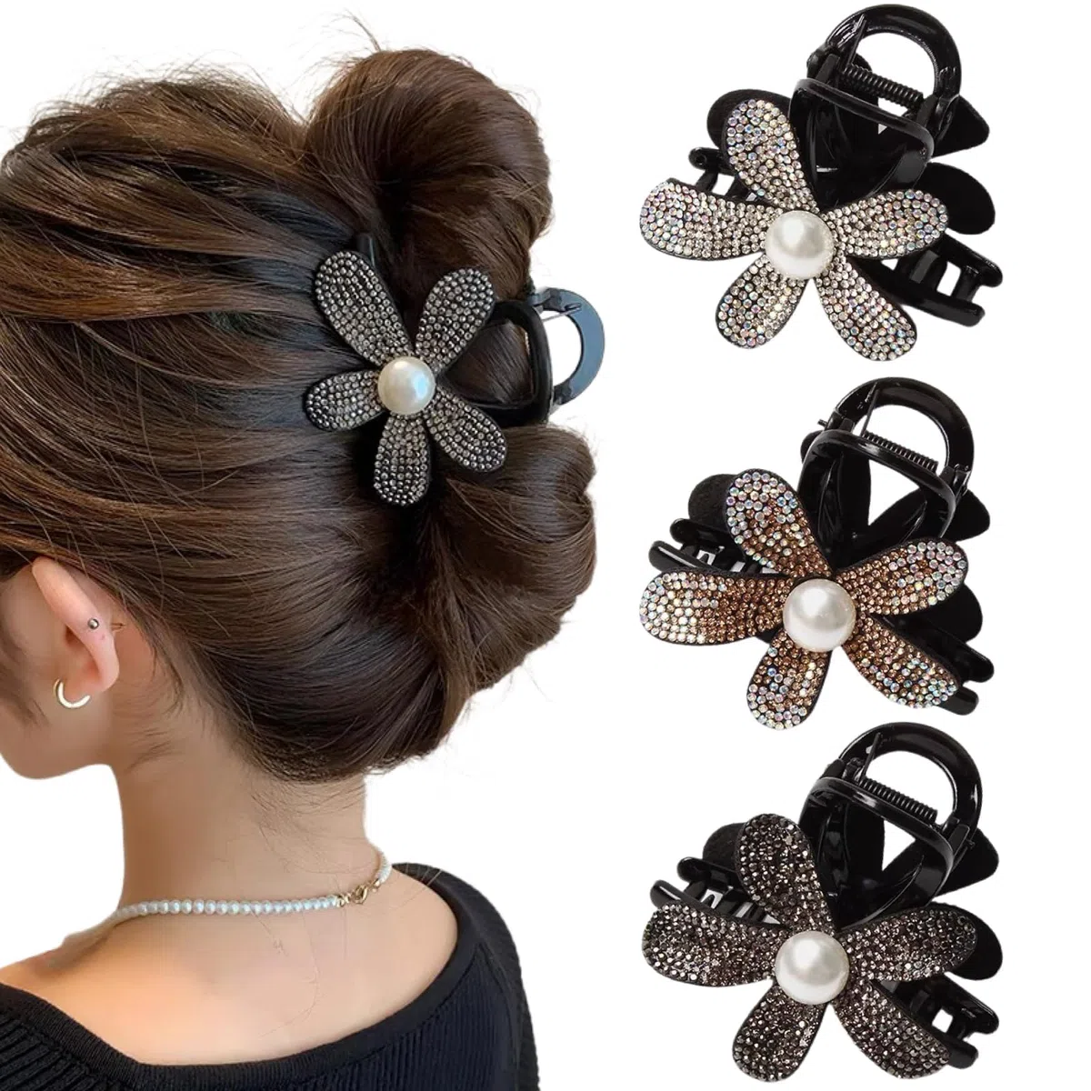 Confezione da 4 Fermagli per Capelli a Fiore da Donna con Strass, Taglia Media, Fermagli per Capelli Vintage per Donne e Ragazze, Accessori per Capelli