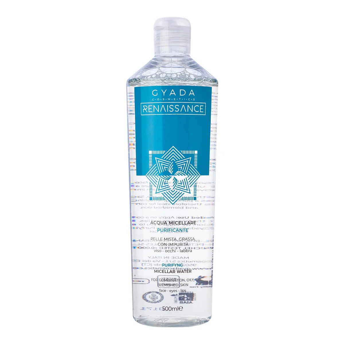 GYADA COSMETICS Acqua Micellare Purificante ad Azione Rinfrescante e Lenitiva per Pelli Miste e Grasse, Elimina Makeup, Impurità e Particelle Inquinanti a Base di Aloe Vera, 500 ml
